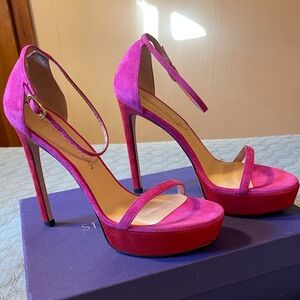 NIB Stuart Weitzman Nudistsong Geranium Pink/Red Suede Platform Women's Heels